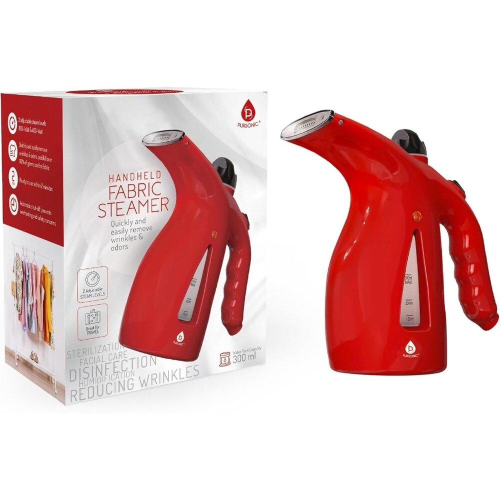 Pursonic Handheld Fabric Red Steamer with 300ML Water Tank Gentle Remove Wrinkle
